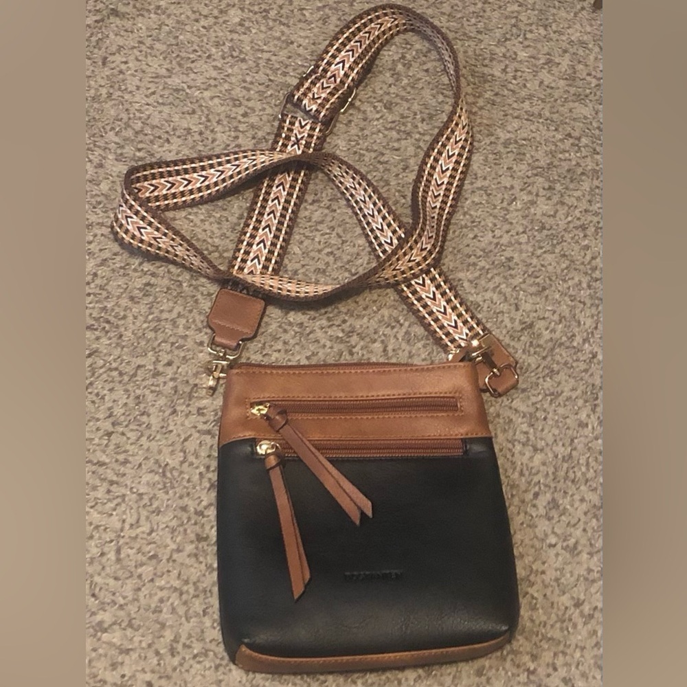 Bostanten Black and Brown Crossbody Bag w Removable Woven Strap